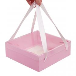 Коробка з ручками зі стрічки 21*21*7 см Рожева Коробка з ручками зі стрічки 21*21*7 см Рожева