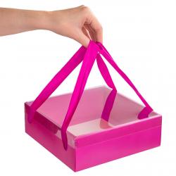 Коробка з ручками зі стрічки 21*21*7 см Фуксія