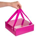 Коробка з ручками зі стрічки 21*21*7 см Фуксія