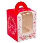 Упаковка для кексів з віконцем (на 1шт) з ручкою Новорічний віночок червоний